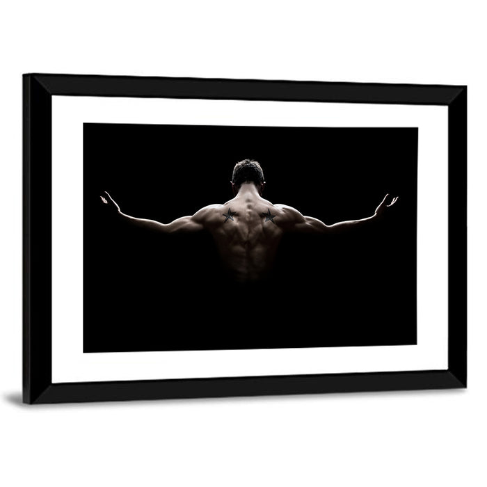 Muscular Back with Nautical Star Tattoos Wall Art as a framed print