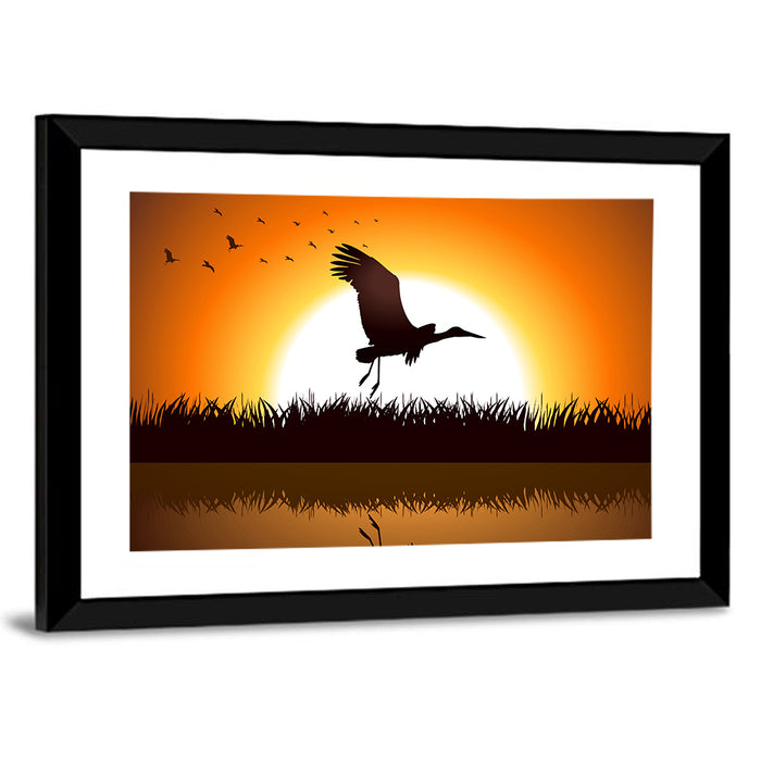Stork Silhouette at Sunset Wall Art as a framed print