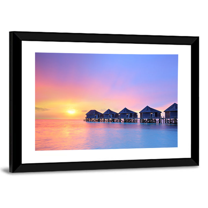 Maldives Sunset Over Water Bungalows Wall Art