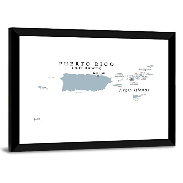 Puerto Rico and Virgin Islands Political Map Wall Art as a framed print