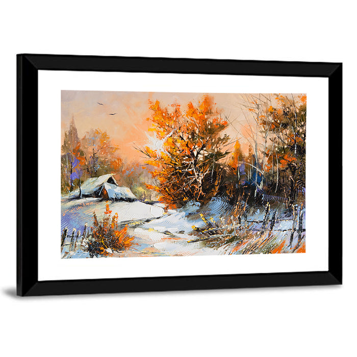 Winter Cottage Landscape Wall Art as a framed print