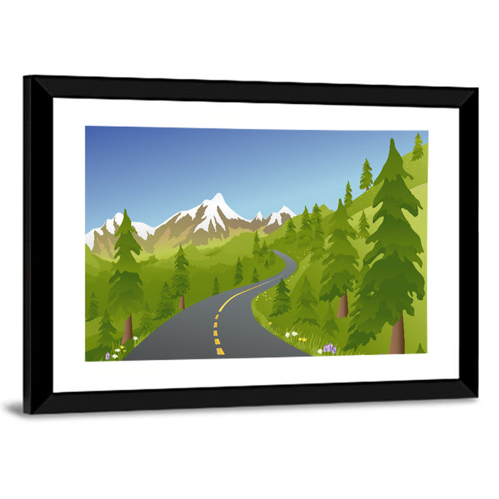 Summer Mountain Road Illustration Wall Art as a framed print