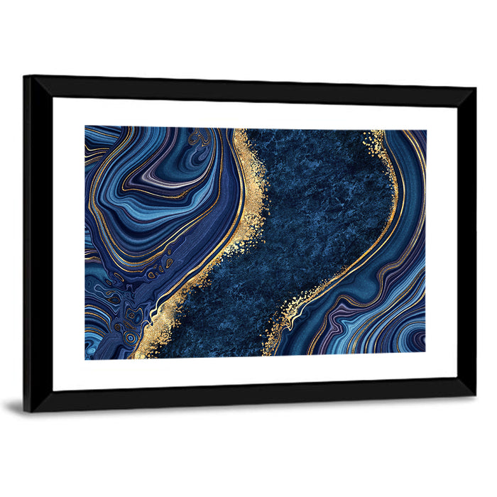 Diagonal Blue Marble with Gold Veins Wall Art as a framed print