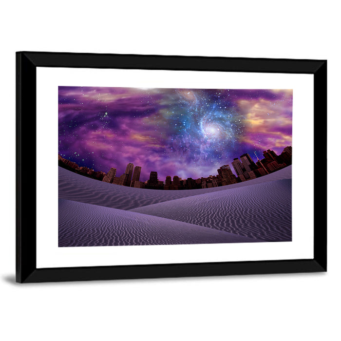 Cosmic Desert City Illustration Wall Art as a framed print