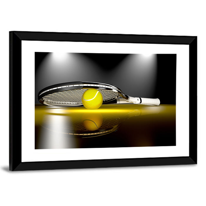Tennis Racket and Yellow Ball Wall Art as a framed print