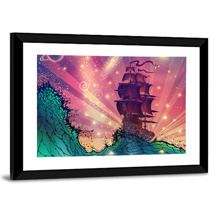 Tall Ship on Cosmic Waves Wall Art as a framed print