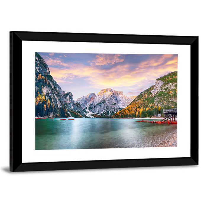 Lago Di Braies Golden Hour Wall Art as a framed print