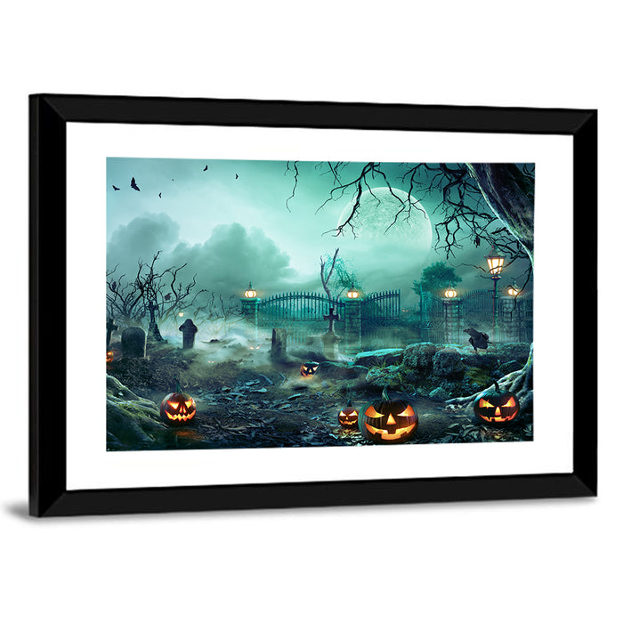 Moonlit Jack-o-lanterns in Cemetery Wall Art as a framed print