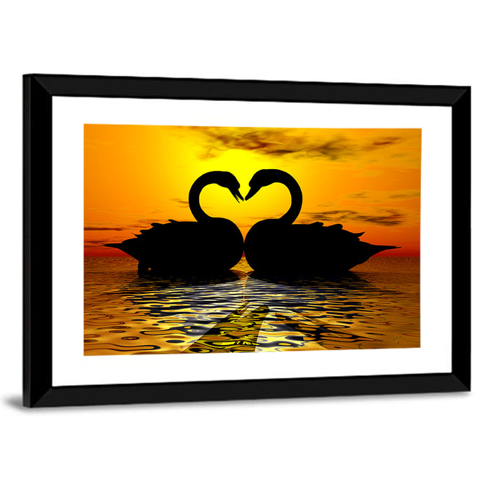 Swans Forming Heart at Sunset Wall Art as a framed print