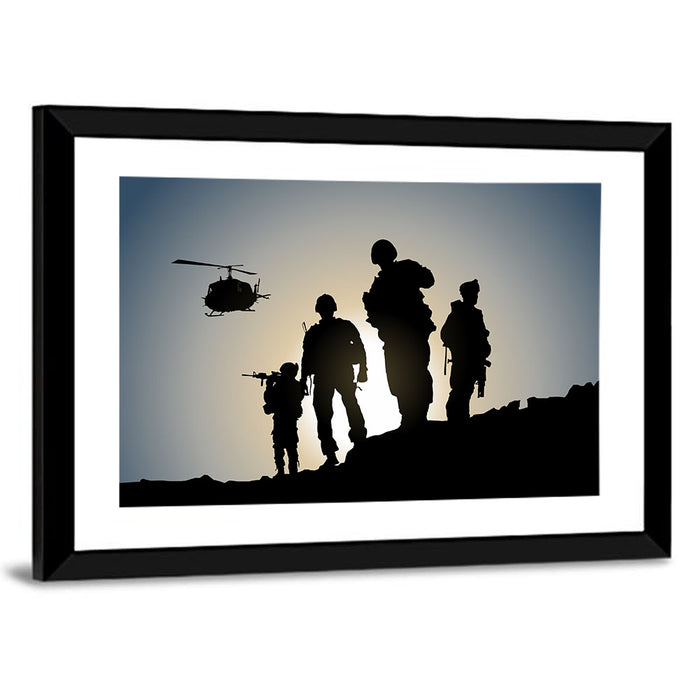 Soldiers on Ridge with Helicopter Wall Art as a framed print