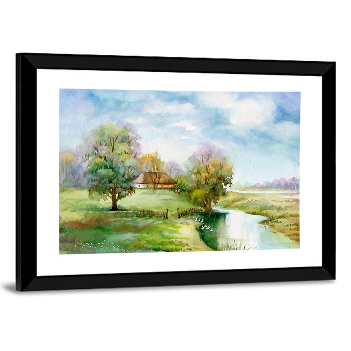 Thatched Cottage by the River Wall Art as a framed print