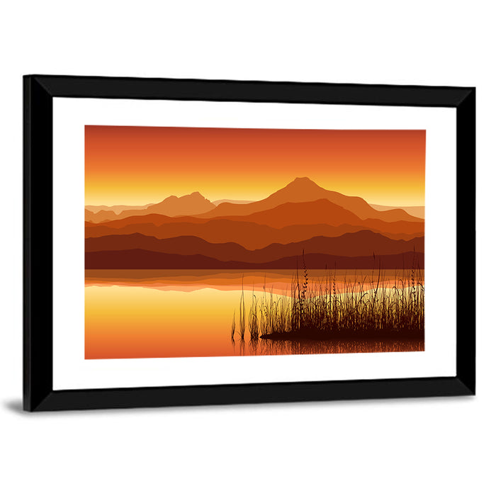 Golden Mountain Lake Sunset Wall Art as a framed print