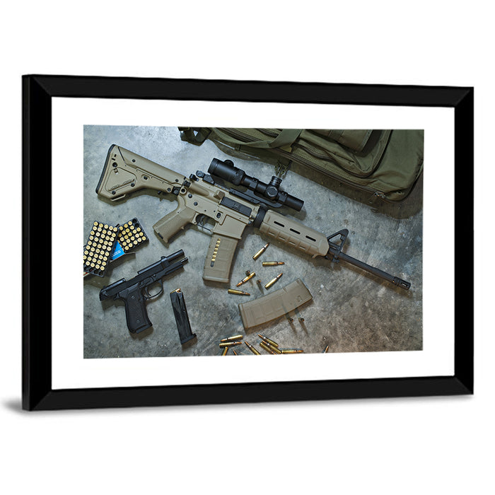 Scoped Rifle and Handgun with Ammo Wall Art as a framed print