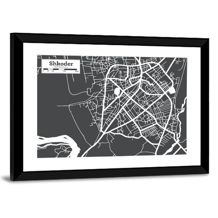 Shkoder City Map Albania Wall Art as a framed print