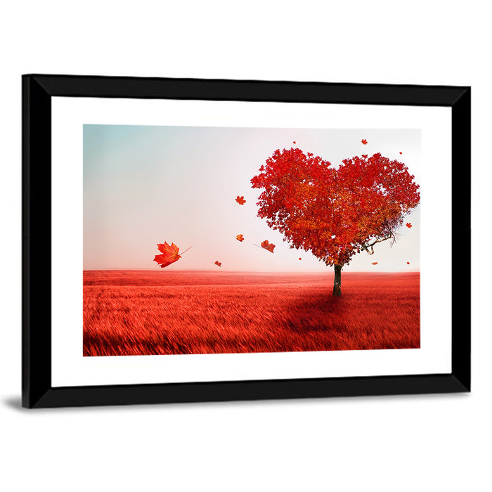 Heart-shaped Tree in Red Field Wall Art as a framed print