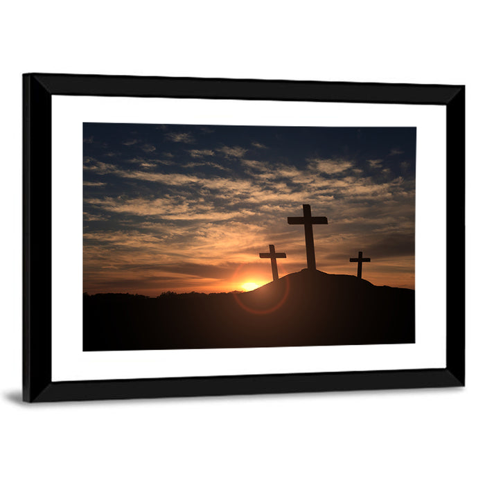 Three Crosses at Golden Sunset Wall Art as a framed print
