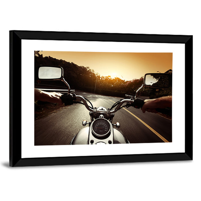 Motorcycle Handlebar View at Sunset Wall Art as a framed print