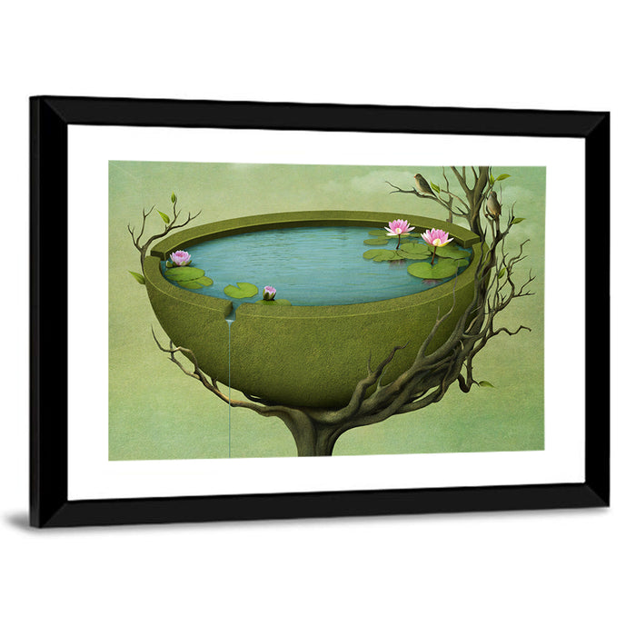 Surreal Tree Basin with Water Lilies Wall Art as a framed print