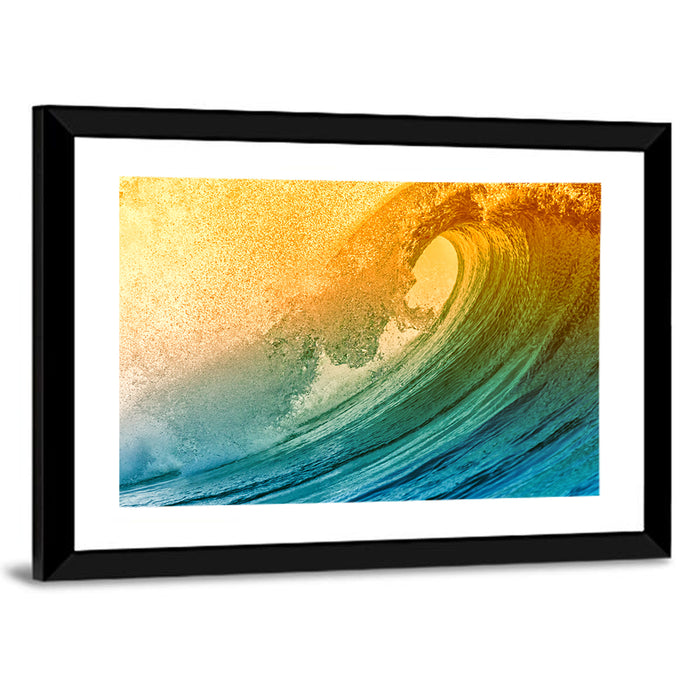 Barrel Wave at Sunset Wall Art as a framed print