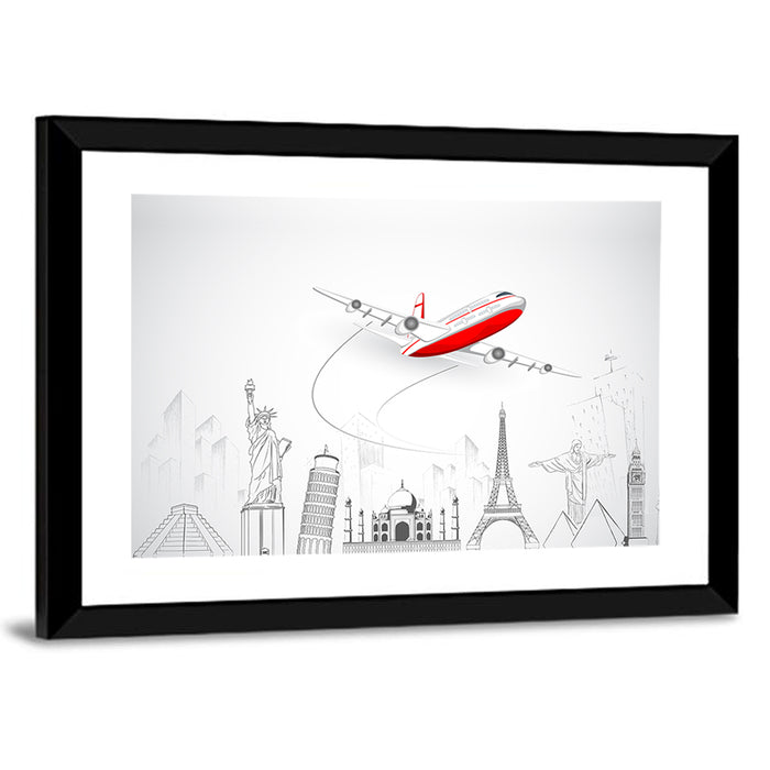 Airplane Over World Landmarks Wall Art as a framed print