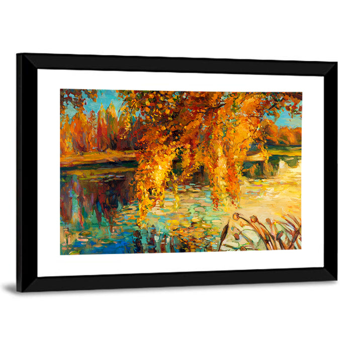 Autumn Lake with Weeping Willow Wall Art as a framed print
