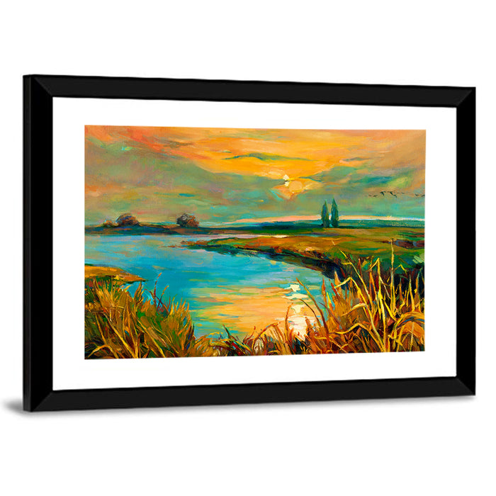 Golden Lake Sunset Wall Art as a framed print