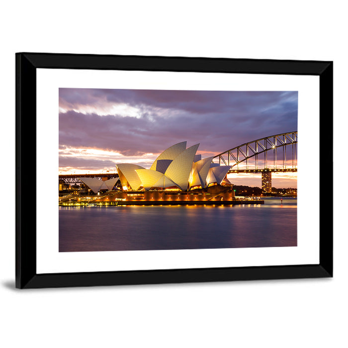 Sydney Opera House at Dusk with Harbour Bridge Wall Art as a framed print