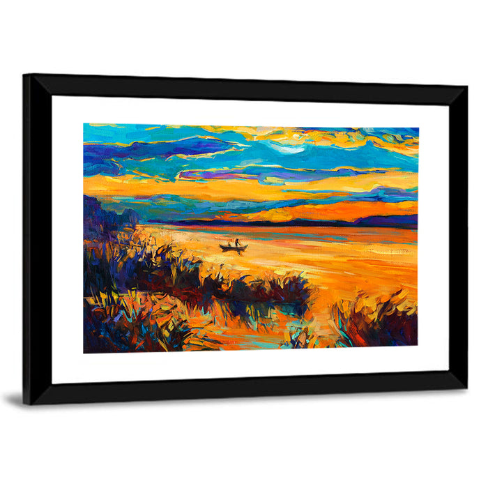 Sunset Boat on Lake Wall Art as a framed print