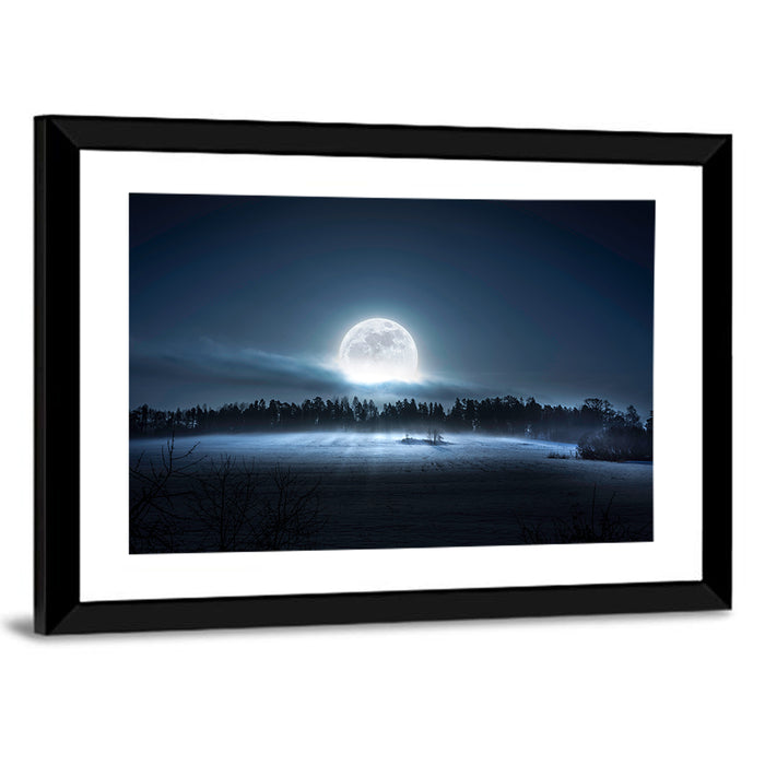 Moon Rising Over Forest Wall Art as a framed print