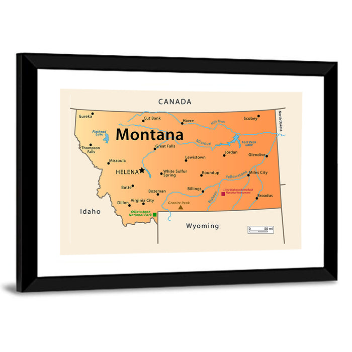Montana State Map Wall Art as a framed print