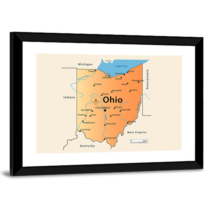 Ohio State Map Wall Art as a framed print