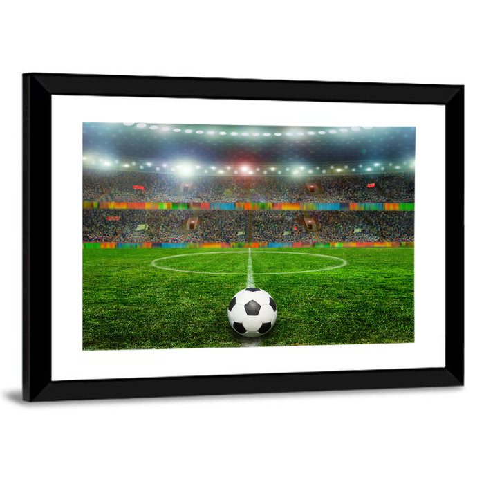 Soccer Ball Under Floodlights Wall Art as a framed print