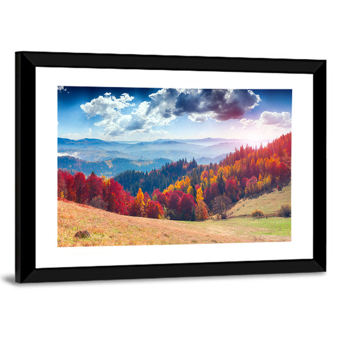 Carpathian Autumn Sunburst Ukraine Wall Art as a framed print