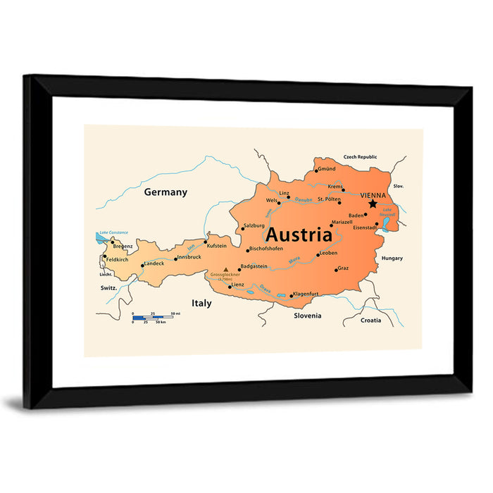 Austria Topographic Map Wall Art as a framed print