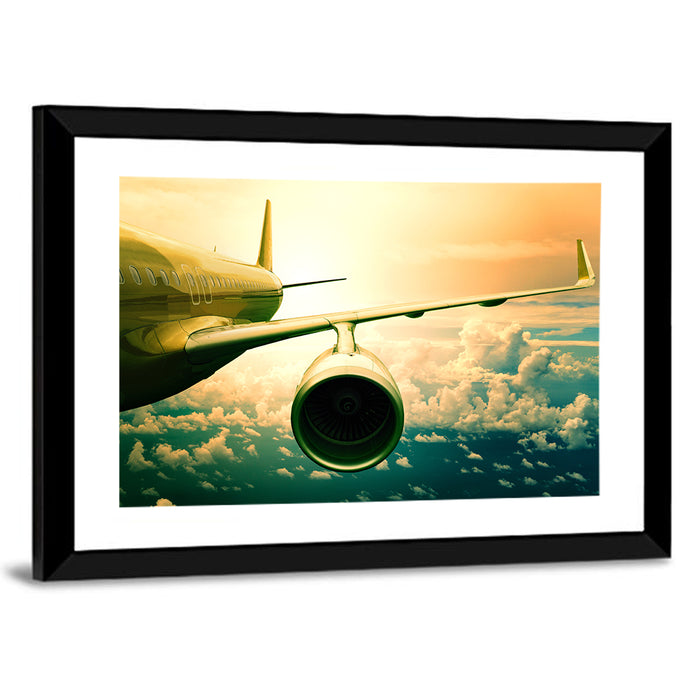 Passenger Jet Wing at Sunset Wall Art as a framed print