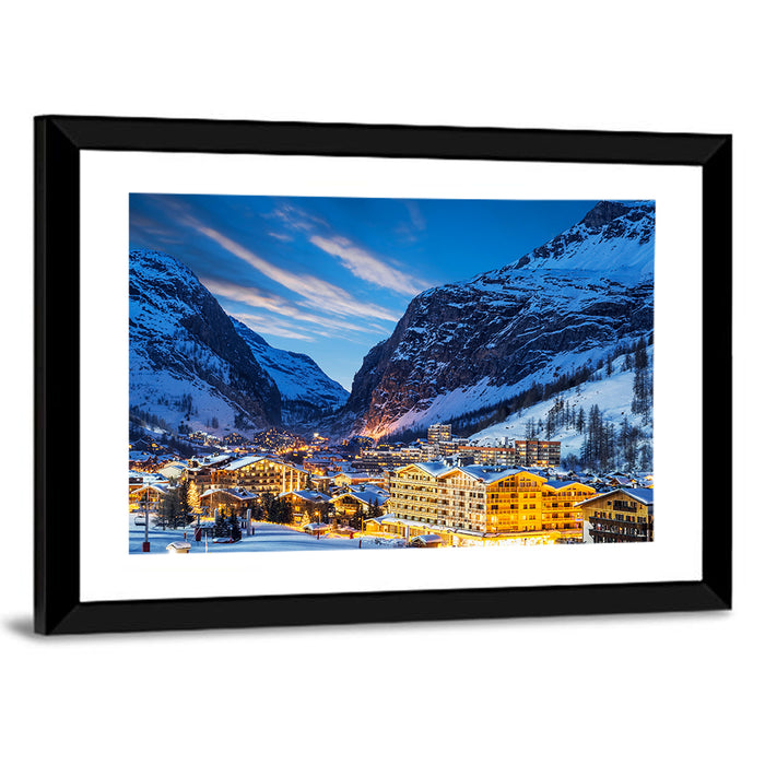 Twilight Ski Village in the French Alps Wall Art as a framed print