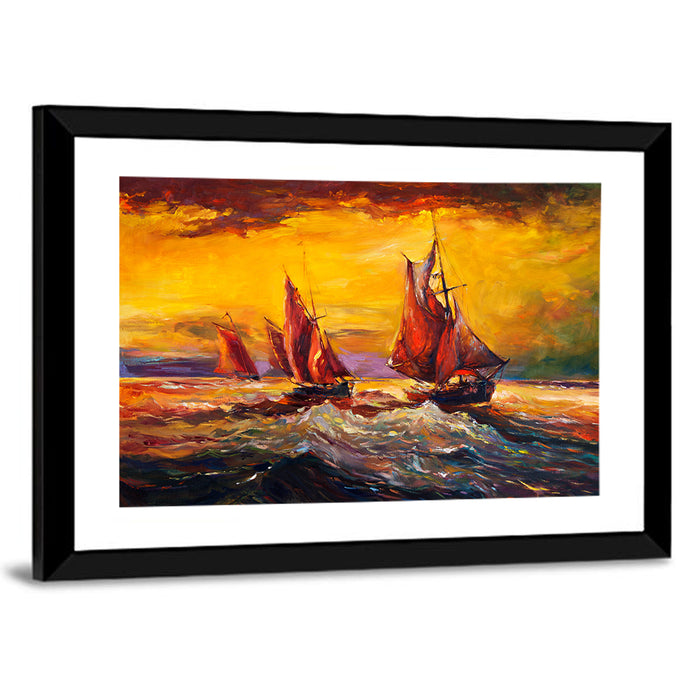 Three Sailboats at Sunset Wall Art as a framed print