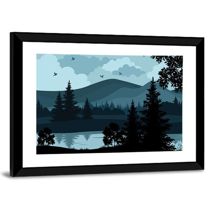 Flying Birds Over Mountain Lake Wall Art as a framed print