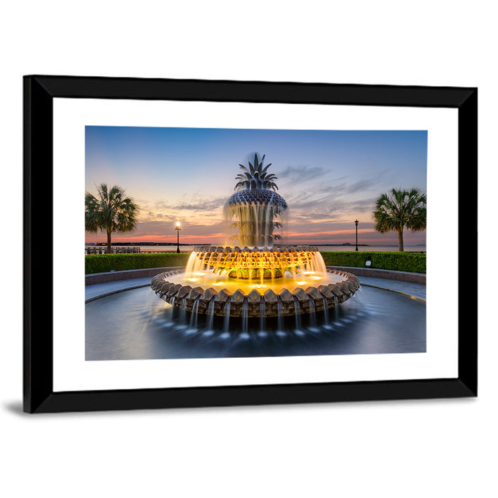 Charleston Pineapple Fountain at Dusk Wall Art as a framed print