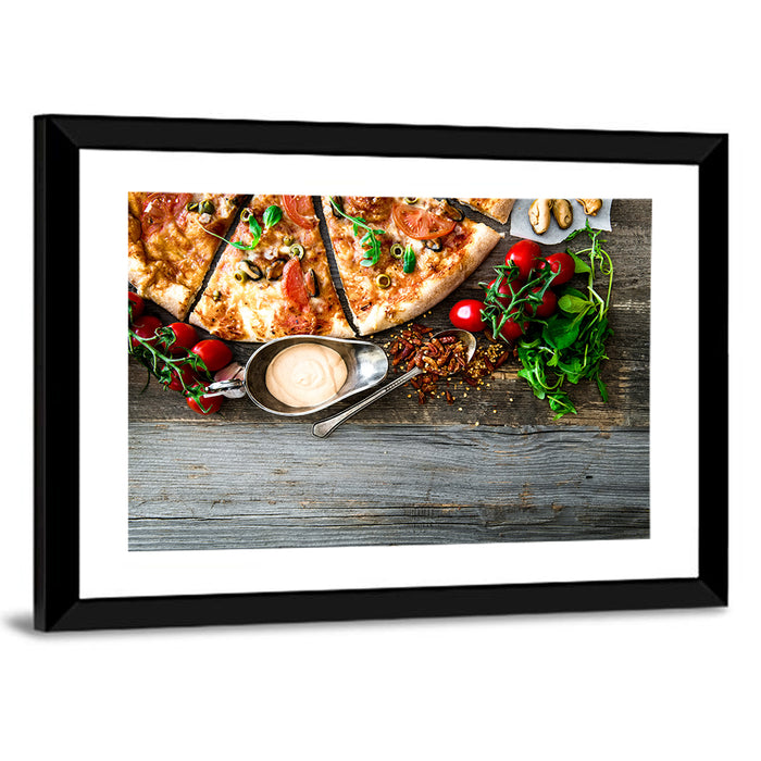 Seafood Pizza with Mussels and Tomatoes Wall Art as a framed print