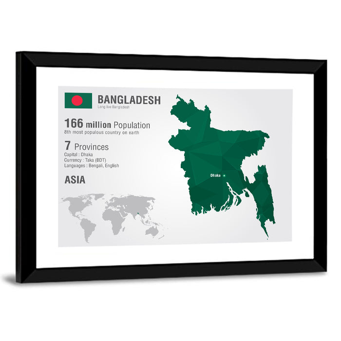 Bangladesh Map with Dhaka Marker Wall Art as a framed print
