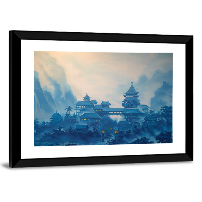 Misty Chinese Mountain Temple Wall Art as a framed print