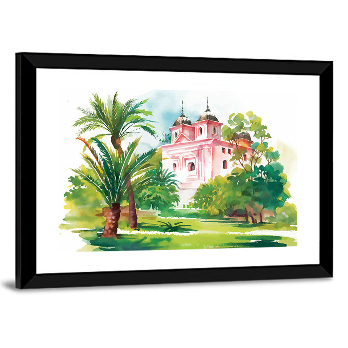 Pink House in Garden Illustration Wall Art as a framed print