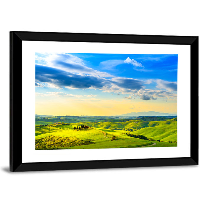 Cypress Farmhouse at Golden Hour Wall Art as a framed print