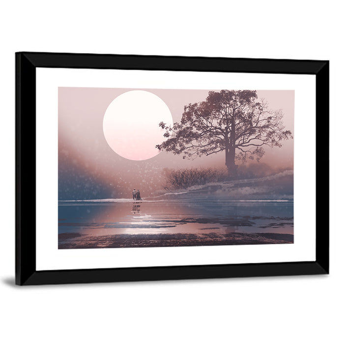 Couple Under Moon Wall Art as a framed print