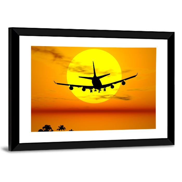 Airplane Silhouette at Sunset Wall Art as a framed print
