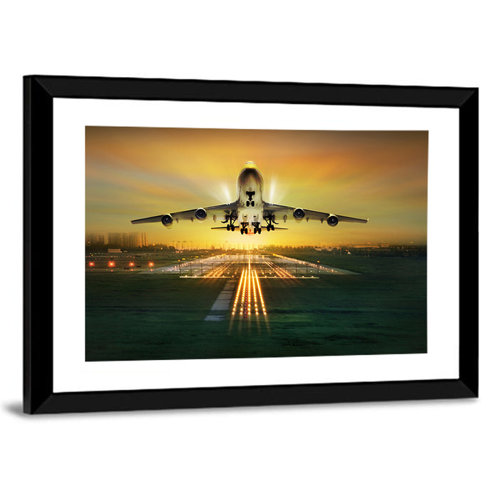 Passenger Plane Over Runway at Dusk Wall Art as a framed print