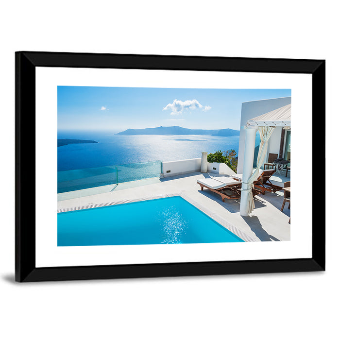 Santorini Pool Terrace View Wall Art as a framed print