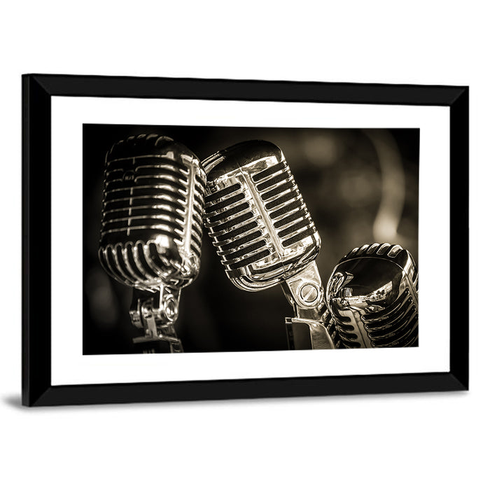 Three Vintage Studio Microphones Wall Art as a framed print
