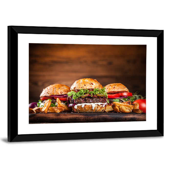 Rustic Homemade Burger Trio Wall Art as a framed print